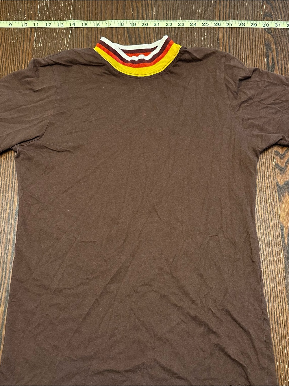 Big Bud Press Brown Short-Sleeve Tee with Yellow-Red-White Stripe Collar